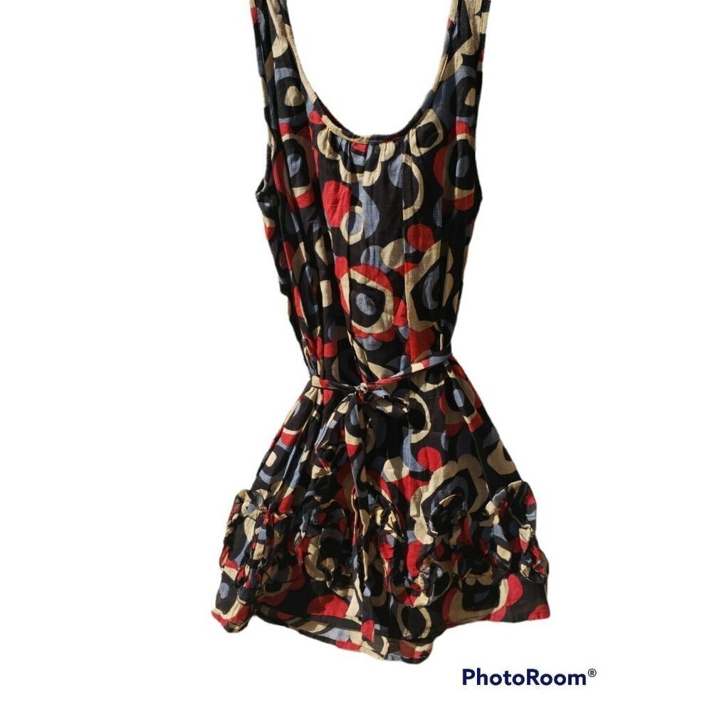LULUS Dress Sleeveless Medium Black Red Tan Circles Cotton Lined Sash